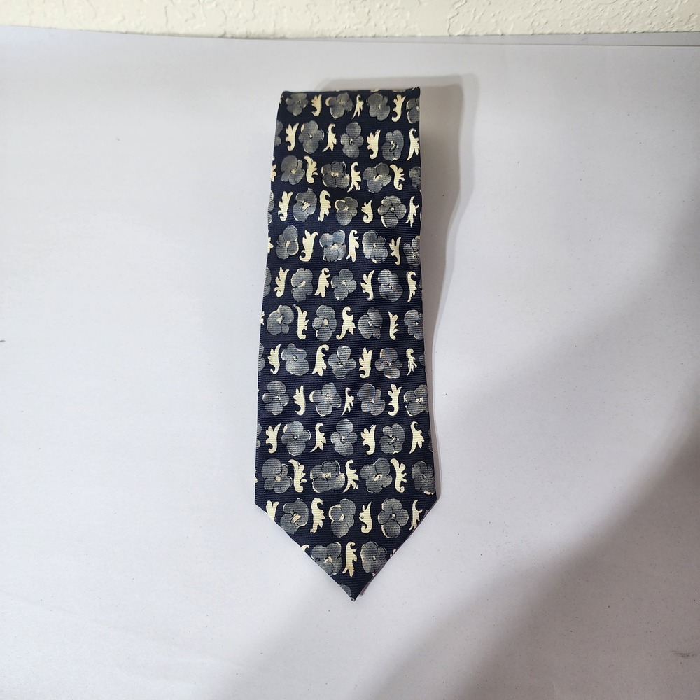 Canali Milano Mens Navy Blue Floral Silk Necktie Made in Italy 3.75 Inch Width